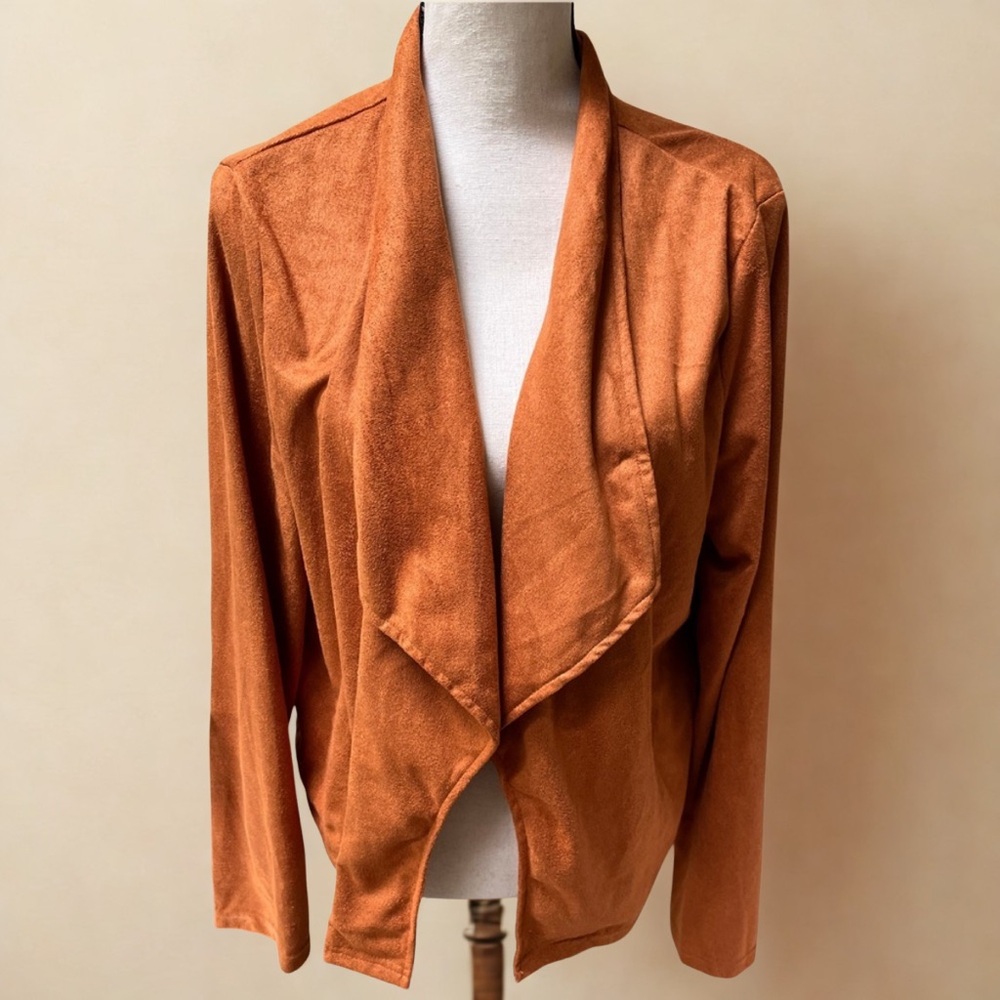Orange Waterfall Cardigan Sweater Blazer with Suede Texture